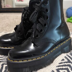 Dr. Martens Black Platform Shoes with Yellow Stitching